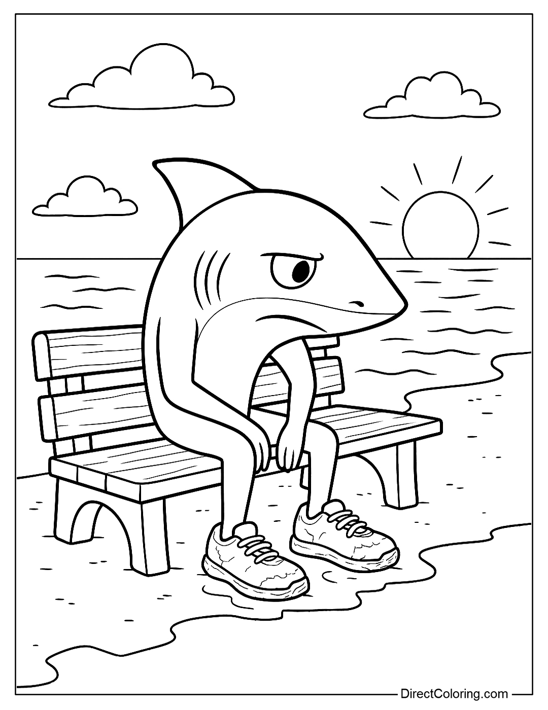 Tralalero Tralala Coloring Page sitting alone on a beach bench, looking out at the ocean – old, torn shoes, light shining from afar